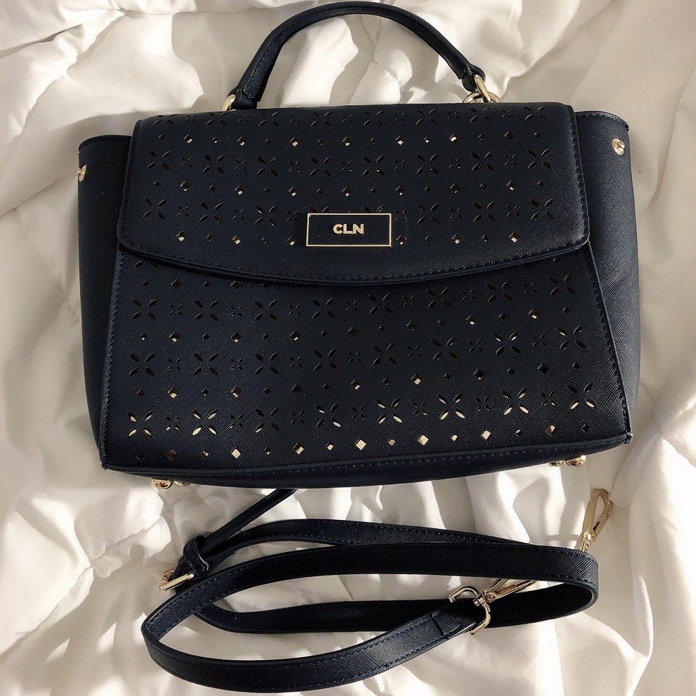 Navy blue and gold saffiano leather purse